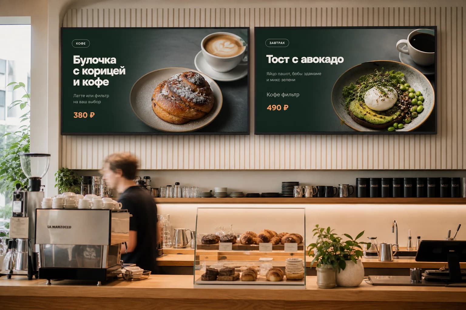 Два телевизора с цифровым меню MenuDeck в кофейне